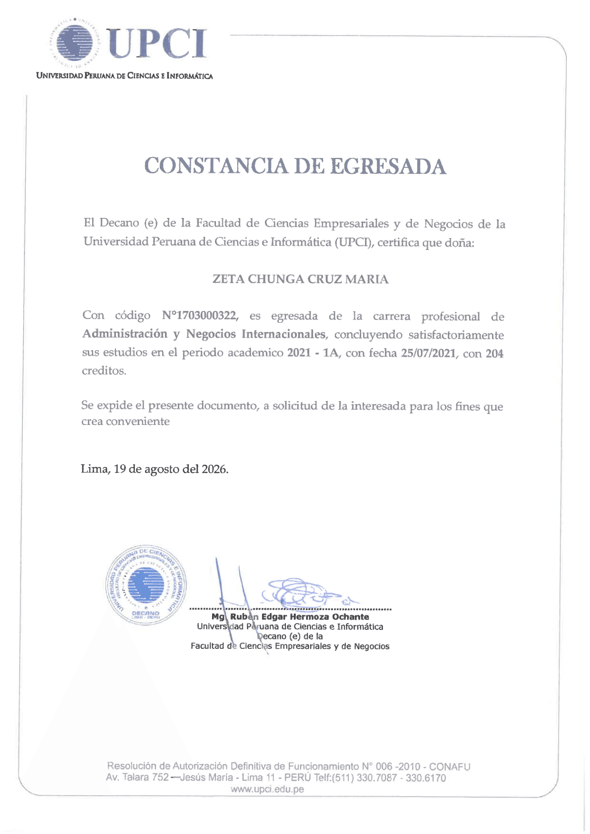 Universidad Peruana de Ciencias e Informática: Constancia de egresada · Administración y Negocios Internacionales · 2026