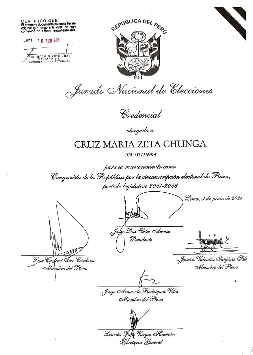 Jurado Nacional de Elecciones: Credencial de congresista de la República por Piura · Periodo 2021-2026