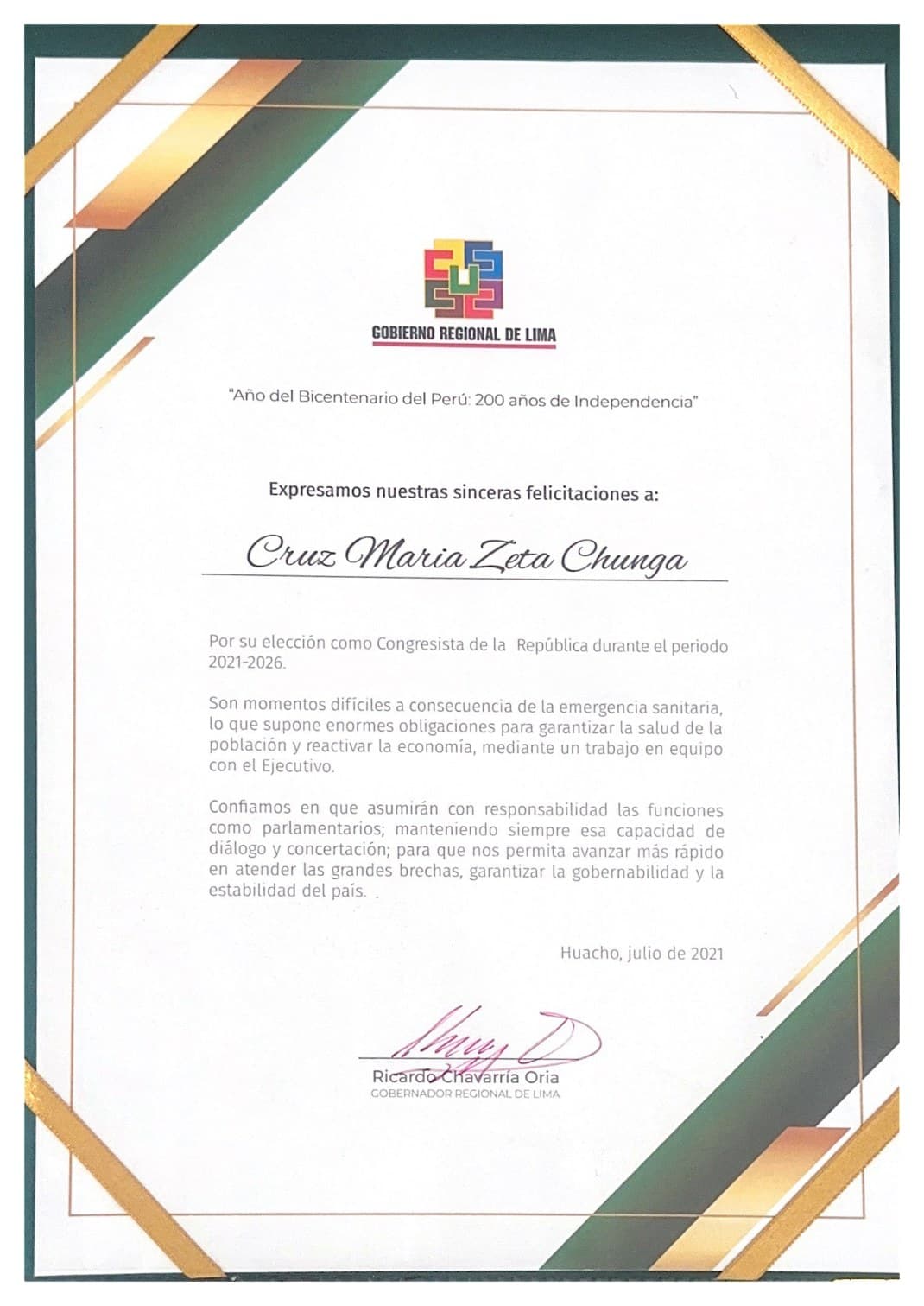 Gobierno Regional de Lima: Felicitación por elección como congresista · 2021