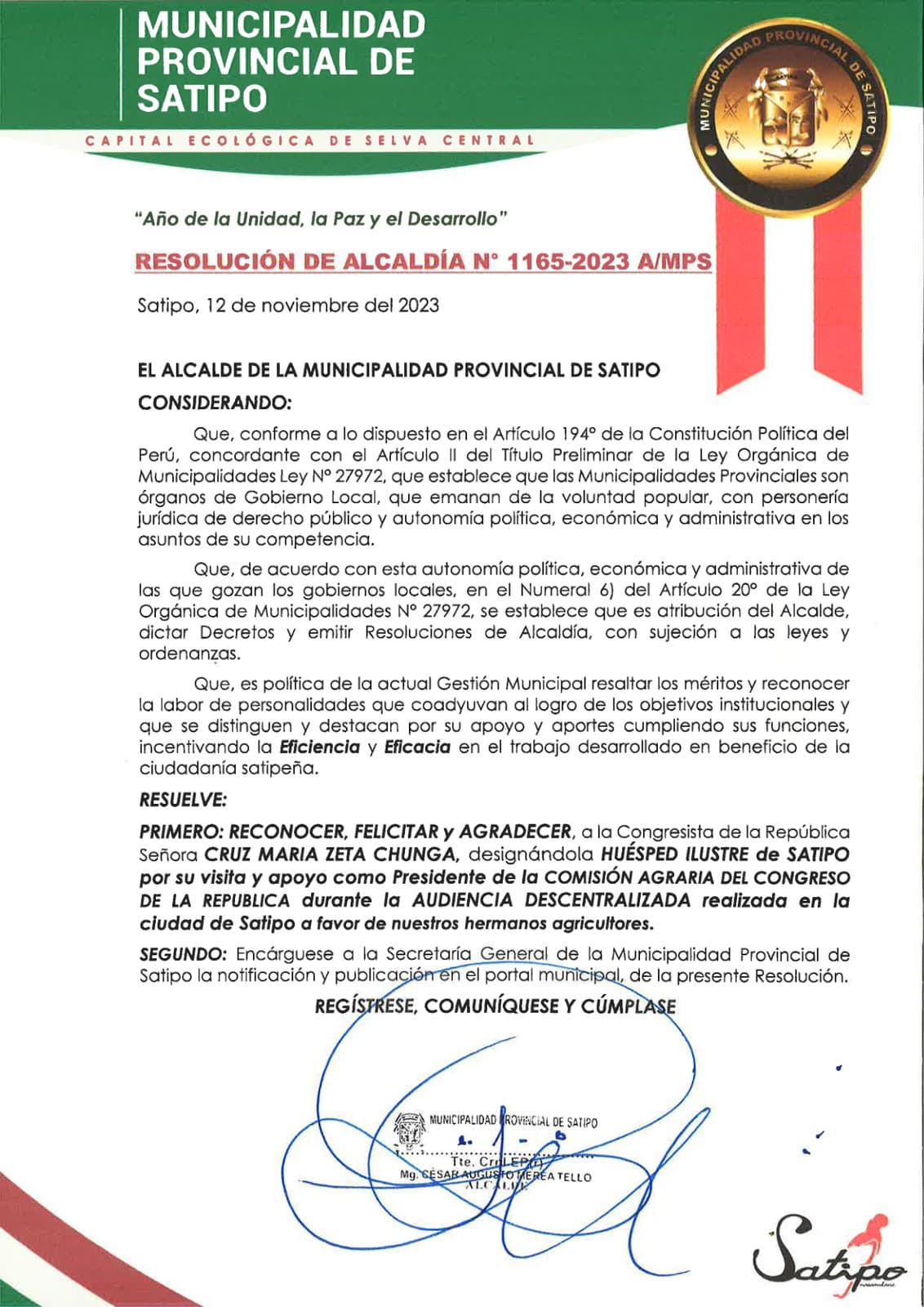 Municipalidad Provincial de Satipo: Resolución de reconocimiento como huésped ilustre · 2023