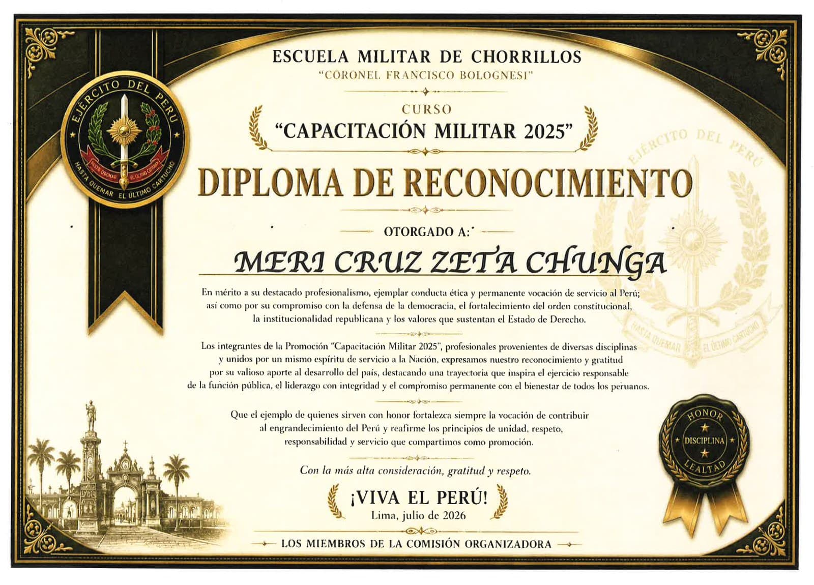 Escuela Militar de Chorrillos: Diploma de reconocimiento · Capacitación Militar 2025